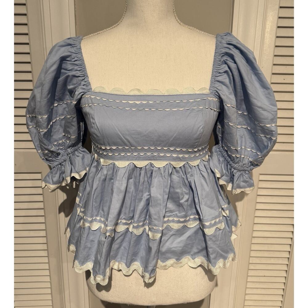Sofie the Label Poplin Top Balloon Sleeves Blue with White Trim Size Small NWT